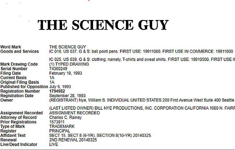 最新案件！HSP代理美國科學(xué)教育家BillNye維權(quán)，原告品牌THE SCIENCE GUY！賣家注意商標(biāo)侵權(quán)！